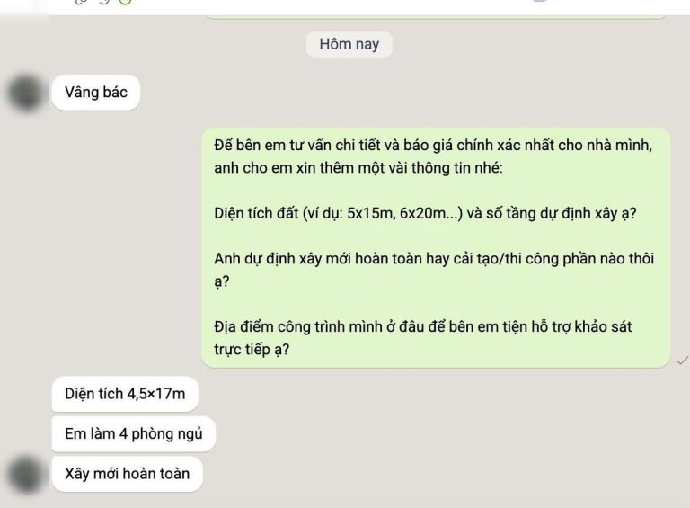 Tin nhắn khách hàng tiềm năng ngành xây dựng ngày 07/10/2026 (đã che thông tin cá nhân)